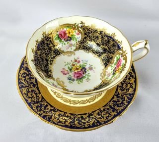 Antique Paragon Cobalt blue Gold Floral Tea cup and Saucer England China 2