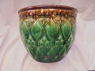 Vintage Robinson Ransbottom Pottery Majolica Jardiniere Vase,  10 X 8 ",  Grn & Bwn