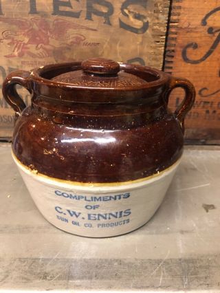 Antique Advertising Bean Pot Cw Ennis Sun Oil Co Sunoco Red Wing Stoneware