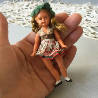Vintage Antique 4 " Small Hard Plastic Dressed Doll String Jointed Legs & Arms