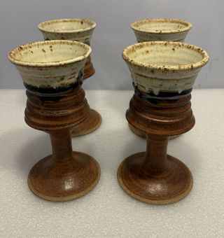 Four Signed Studio Pottery Stoneware Goblets Wine Glasses Brown Cream Drip Glaze
