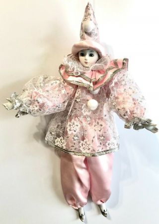 Porcelain Clown Doll In Pink And White Cloths Lace 21