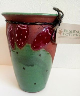 Jim Sudal Studio Pottery Jam Jar Vase - Desert Prickly Pear Cactus 6.  5 " W/ Tag