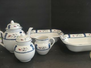 Adams Lancaster Tea Pot,  Creamer,  Sugar,  2 Oval Bowls 9 3/4 "