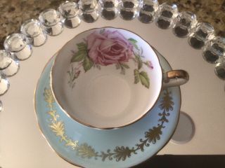 Blue /white Aynsley Teacup & Saucer With Pink Cabbage Rose And Gold Accents