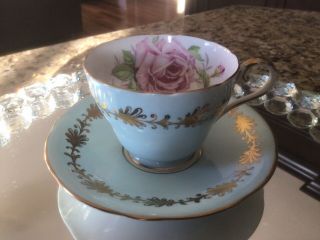 Blue /White Aynsley Teacup & Saucer With Pink Cabbage Rose And Gold Accents 2
