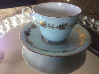 Blue /White Aynsley Teacup & Saucer With Pink Cabbage Rose And Gold Accents 3