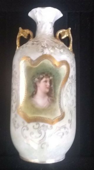 Royal Saxe Germany Es.  Antique Portrait Vase,  Beaded,  Gold,  Lustre.  Rare