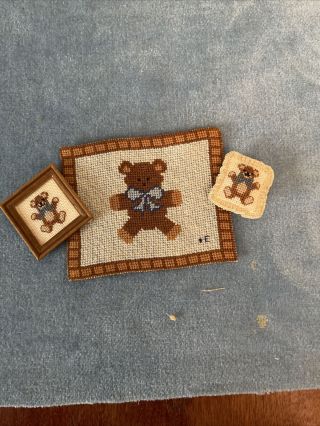 Vintage Doll House Miniatures Nursery Rug,  Pillow & Picture