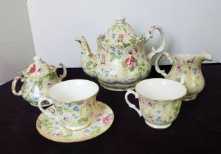 E&r Golden Crown England Teapot Set W/2 Cups And 1 Saucer