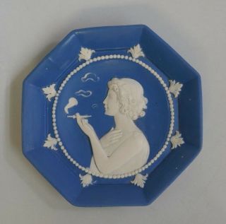Antique Blue & White Jasperware Pin Tray - Elegant Woman Smoking