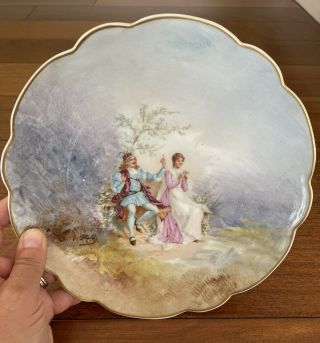 Antique Limoges France Signed Bald Hand Painted Love Story Plate 9 1/4” Gold Rim