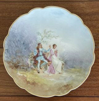 Antique Limoges France Signed Bald Hand Painted Love Story Plate 9 1/4” Gold Rim 2