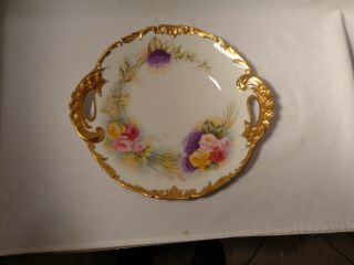 Tressemann & Vogt Limoges Pink Red Yellow Roses Lilacs Gold 2 Handled Cake Plate