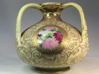 Rare Antique Nippon Hand Painted Floral Moriage 3 Handle Vase