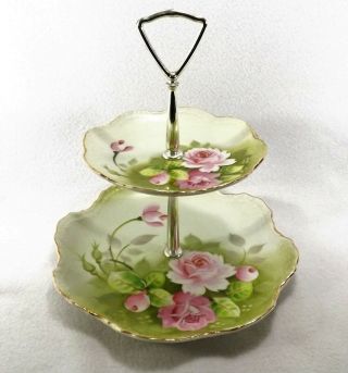 Vintage Lefton China 2 Tiered Tidbit Tray Server Hand Painted Roses And Foliage