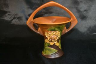 Roseville Pottery Water Lily Basket 380 - 8 " Orange Brown Handled 8 " Tall