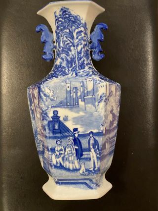 Victoria Ware Ironstone Flow Blue White Vase Handles And Old City Scene