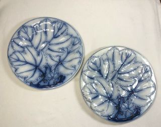 Antique Set Of 2 Pearlware Majolica Flow Blue Grape Leaf Plates 81/2 " - 9 "