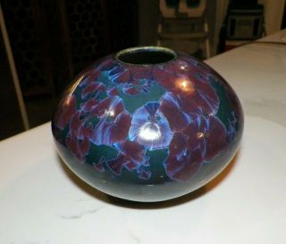 Vintage Ray West Pottery Vase Dark Blue & Purple Floral 1992