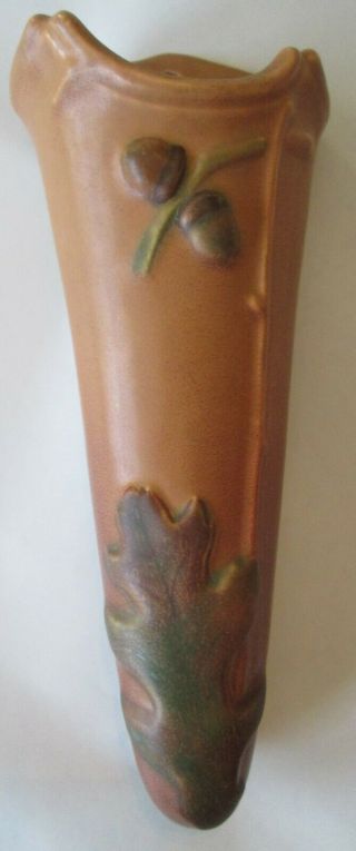 Wall Pocket Vase Vintage Weller Art Pottery Oak Acorn Pattern Matte Brown Exc