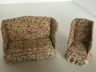 Dollhouse Furniture Set Sofa Wing - Back Chair Living Room Upholstered Floral Home