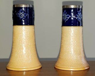 Fine 1910 Dated Royal Doulton Pottery Bud Vases W/ Sterling Silver Rims
