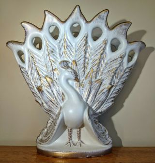 Vintage Royal Haeger Peacock Fan Flower Vase Cream And Gold Mid Century Modern