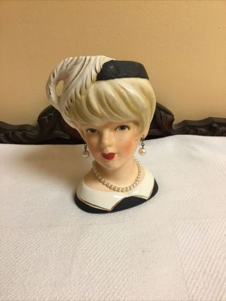 Vtg Relpo Lady Head Vase Black Feather Hat Faux Pearl Earrings Necklace K1661