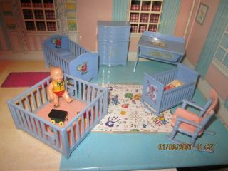Renwal Blue Nursery Set Plastic Dollhouse Furniture Marx Plasco