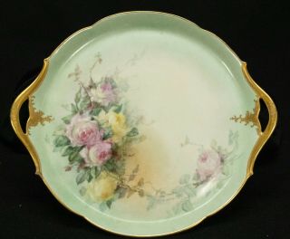 Antique J.  P.  L.  France Limoges Hand - Painted Rose Plate 2 Open Handles Gold Trim
