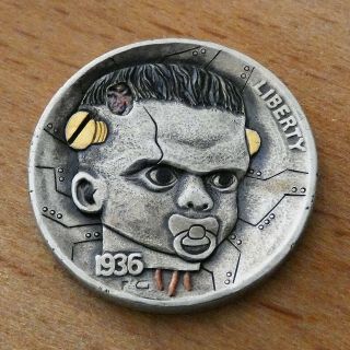 Hobo Nickel Coin Horror Art Frankenstein Hand Carved 1936 Buffalo With Gold