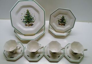 16 Pc Nikko Happy Holidays Christmastime Octagon Dinner Salad Plate Cups