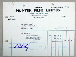 Beatles Autograph - Ringo Starr Richard Starkey - Hunter Films Invoice - 1967 - Axsb
