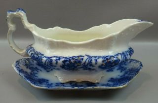Johnson Brothers England Claremont Semi - Porcelain Flow Blue Gravy Boat W/ Plate