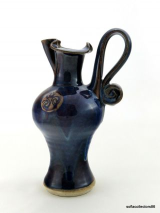 Colm De Ris Irish Pottery Handmade Dark Blue Handled Jug W Shamrock Detail