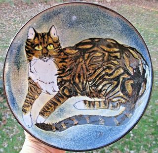 Large Vintage Chelsea Pottery England Joyce Morgan Tabby Cat Footed Bowl Signed