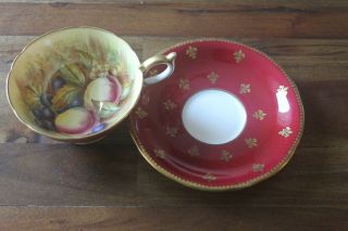 Aynsley D Jones Gold Burgundy Orchard Fruit Gold Teacup Tea cup saucer signed 3
