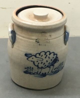 1990 Rowe Pottery Sheep Lamb 7” Crock Blue Salt Glaze Canister Jar