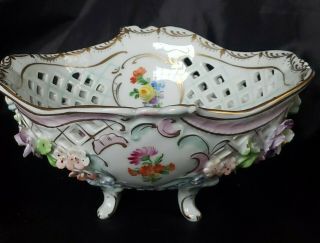 Antique Dresden Porcelain Reticulated Footed Bowl W/applyed Flowers Gorgeous