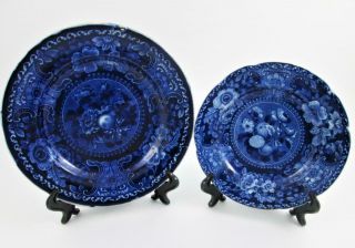 Dark Blue Antique Transferware Plates Fruit & Flowers - Stubbs & Kent C.  1830