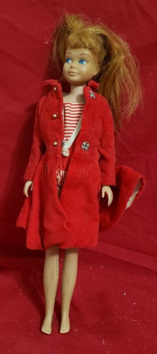 Vintage 1963 Mattel Barbie Skipper Doll Red Hair Romper Outfit And Red Coat
