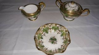 4 Pc Hand Painted Nippon Green & Gold Beaded Creamer,  Sugar & Bowl W/maple Leaf