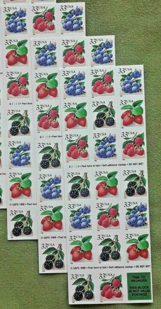 Three (3) Booklets X 20 = 60 Fruit Berries 33¢ Us Postage Stamps.  Sc 3298 - 3301