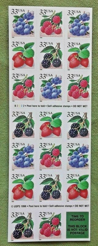Three (3) Booklets x 20 = 60 FRUIT BERRIES 33¢ US Postage Stamps.  Sc 3298 - 3301 2