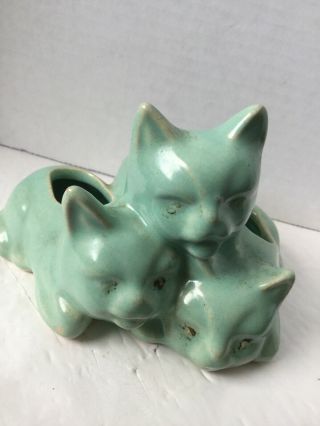 Vintage Rare Green Three Cat Planter Mccoy 4 In Tall 5 3/4 Wide