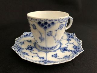 Royal Copenhagen 1038 Blue Fluted Full Lace Demitasse Cup & Saucer 1st Quality