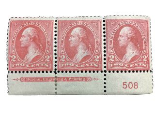 Us Stamp Sc 267 Washington 2 Cent Horiz.  Plate Number Strip Of 3 Mh Og Vf