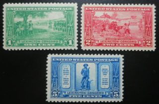 U.  S.  Stamps:scott 617 - 619,  1c,  2c,  & 5c,  The Lexington - Concord Anniv. ,  1925,  Ognh
