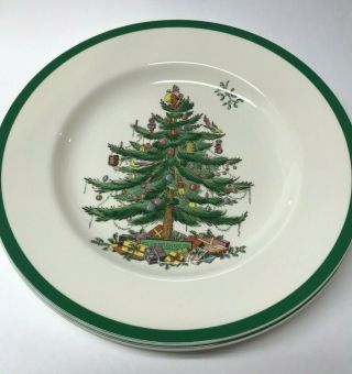 Set Of 4 Vintage Spode Christmas Tree Dinner Plates W Green Band Pristine Cond
